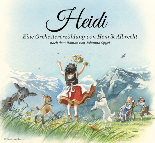 Heidi springt in die Luft vor einem beeindruckenden Berg Panorama. Im Hintergrund sind Klara im Rollstuhl und Ziegenpeter, der sie schiebt, zu sehen.